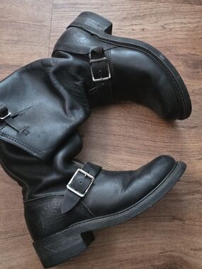 Women's Black Leather Biker Boots with Buckle
